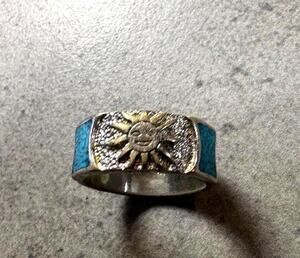 Vintage Mexican Sun Moon Ring Turquoise Inlay Band Mixed Metal Boho (Size 6.5)
